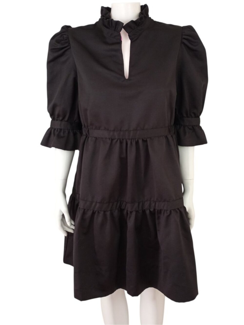 Gretchen Scott Black Faille Teardrop Dress Womens M Half Sleeve Tiered